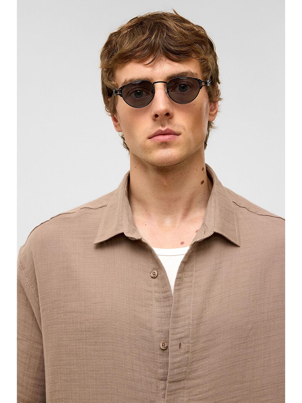 Oversize Kısa Kollu Müslin Kumaş Gömlek Bej-3