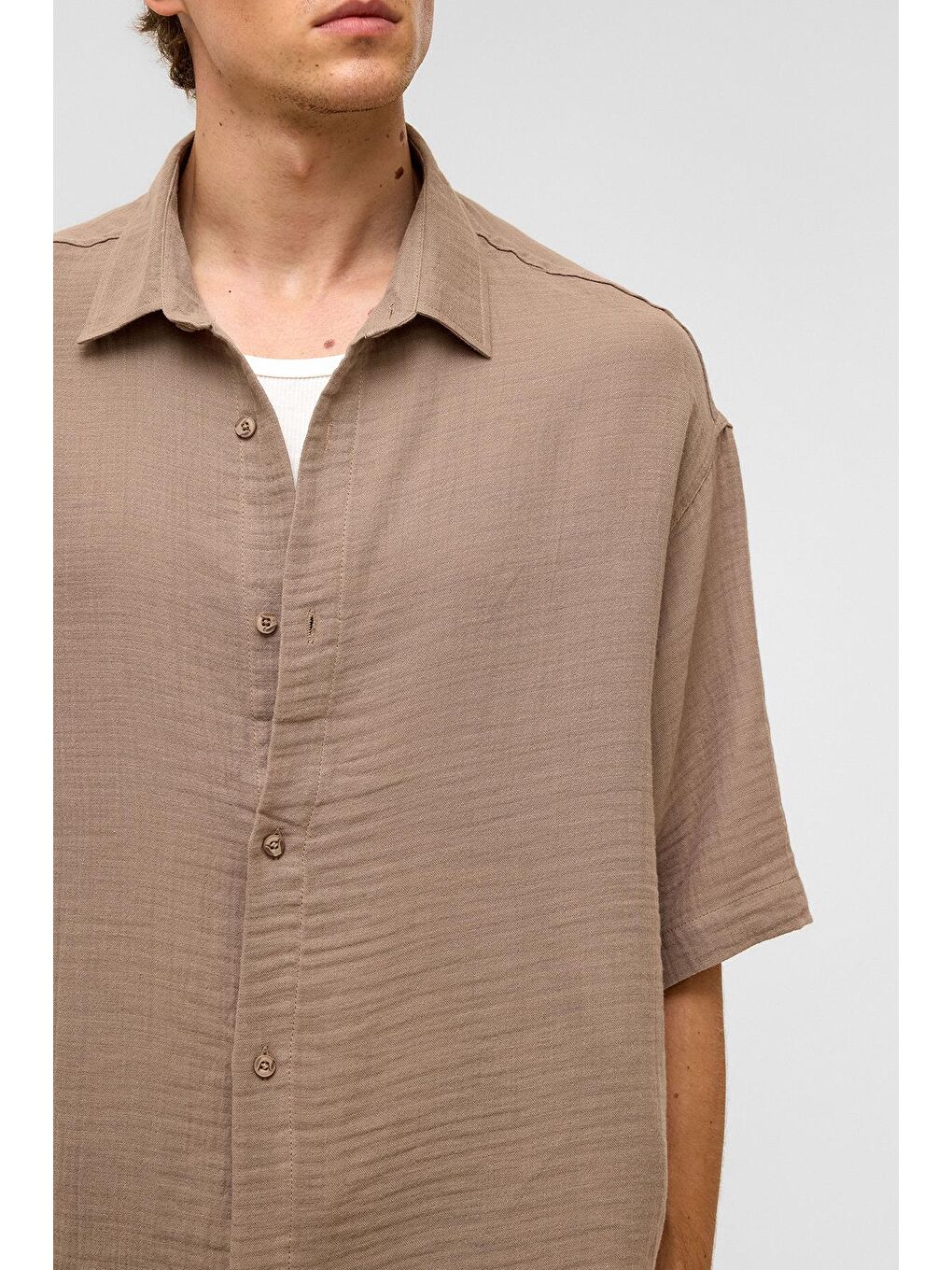 Oversize Kısa Kollu Müslin Kumaş Gömlek Bej-4