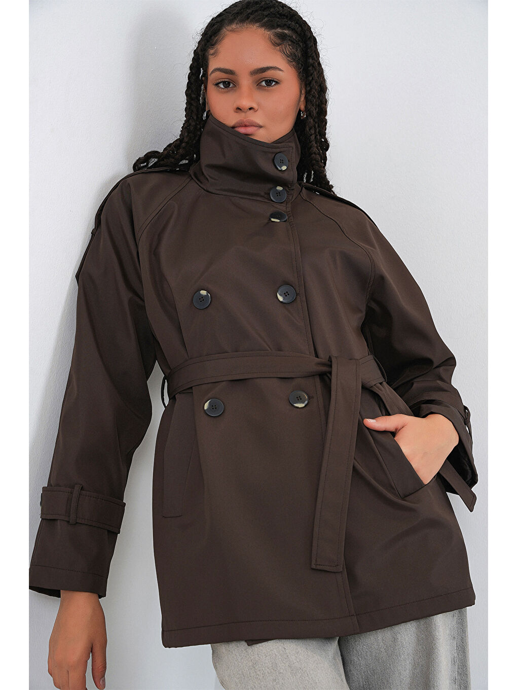 Kadın Kruvaze Yaka Kısa Trençkot 5980 - Kahverengi-2