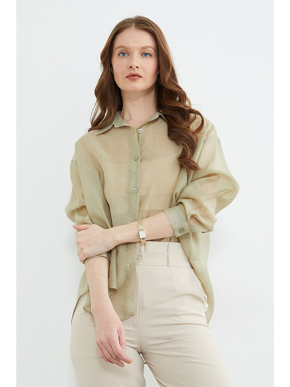 Yeşil Jakarlı Düğmeli Transparan Gömlek-1