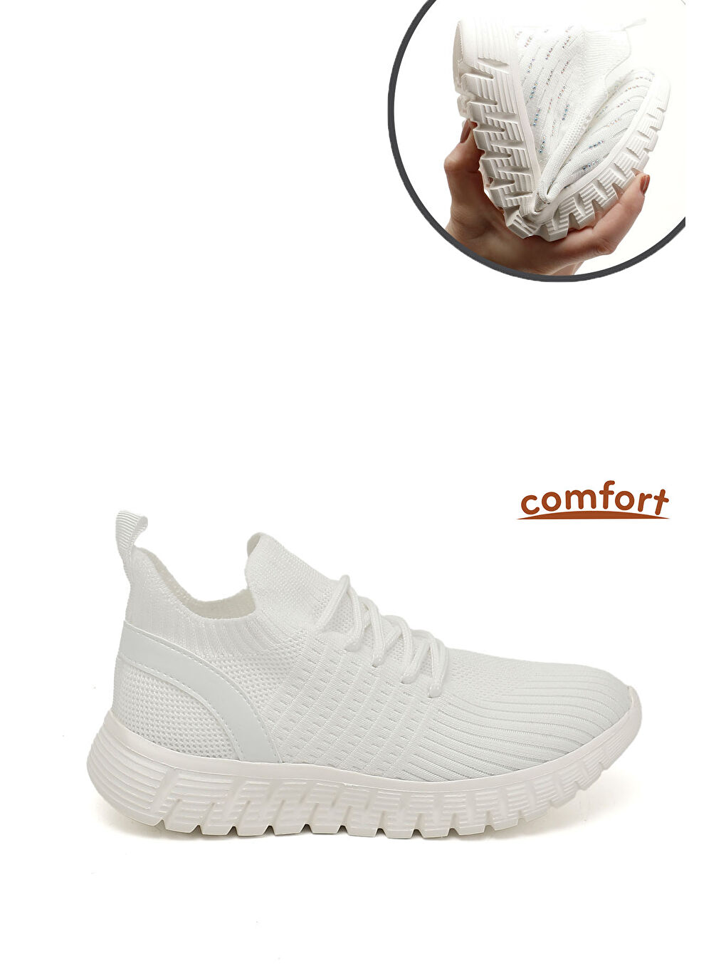 Beyaz Kadın BEYAZ-AÇIK GRİ Triko Bağcıklı Memory Foam Tabanlıklı Comfort Sneaker
