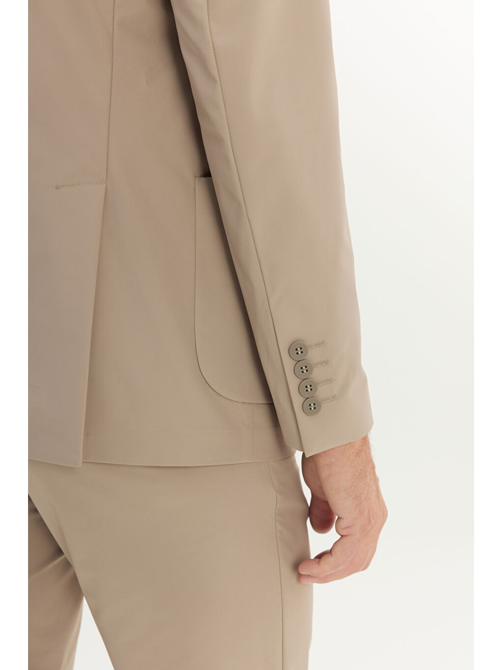 Erkek Bej Slim Fit Dar Kesim Mono Yaka Beli Bağlamalı Kapak Cepli Esnek Takım Elbise-5