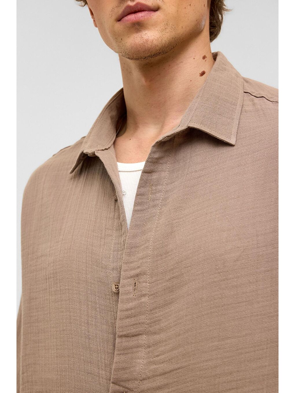 Oversize Kısa Kollu Müslin Kumaş Gömlek Bej-5