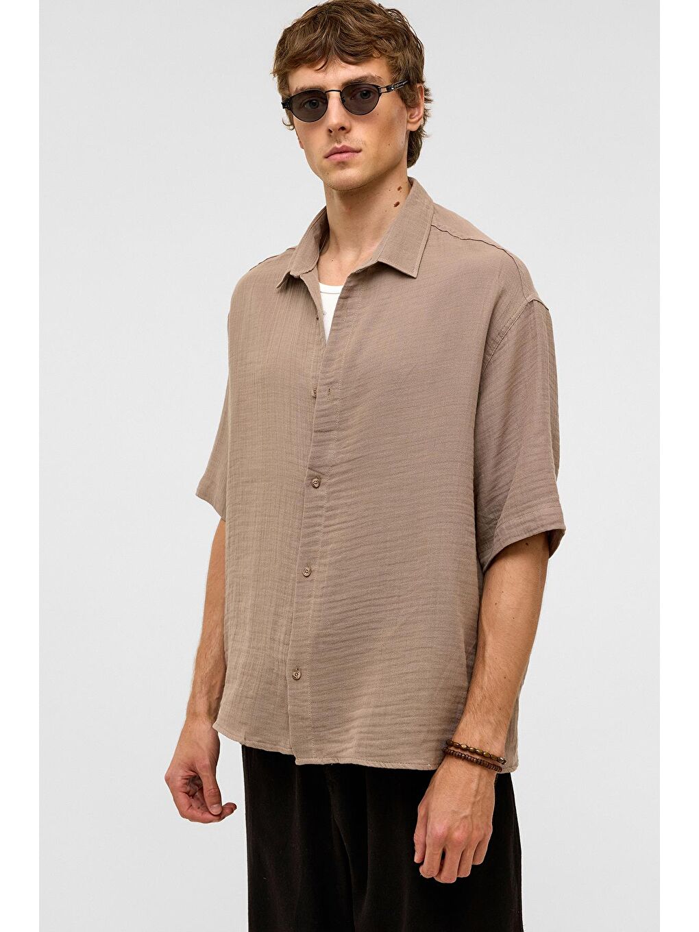 Oversize Kısa Kollu Müslin Kumaş Gömlek Bej-6