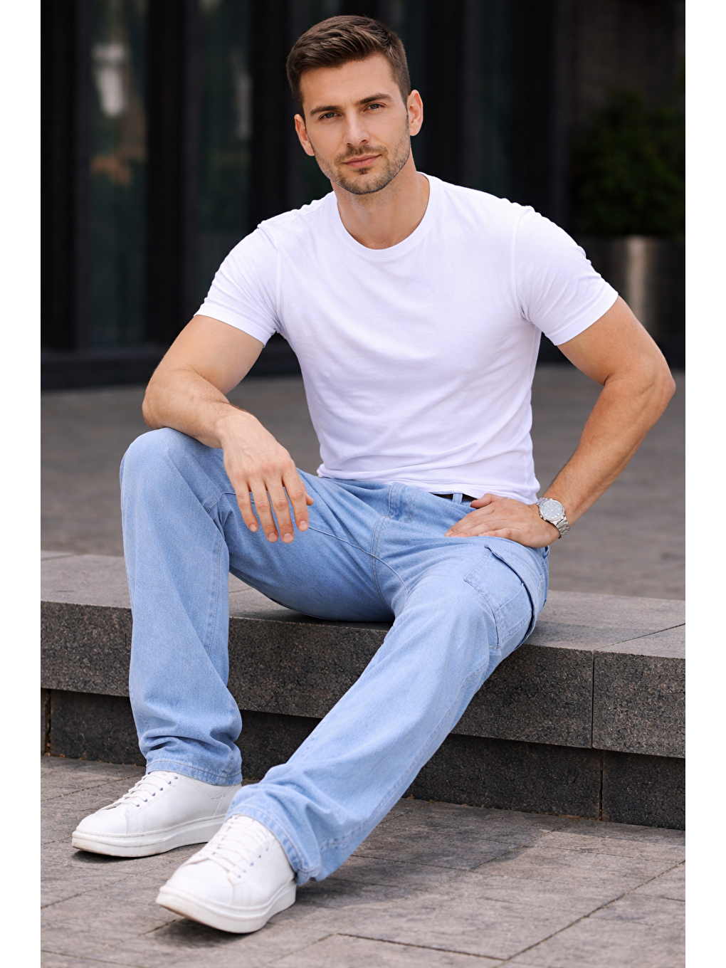 Erkek Trend Bol Paça Günlük Kargo B.Mavi Baggy Pantolon-4