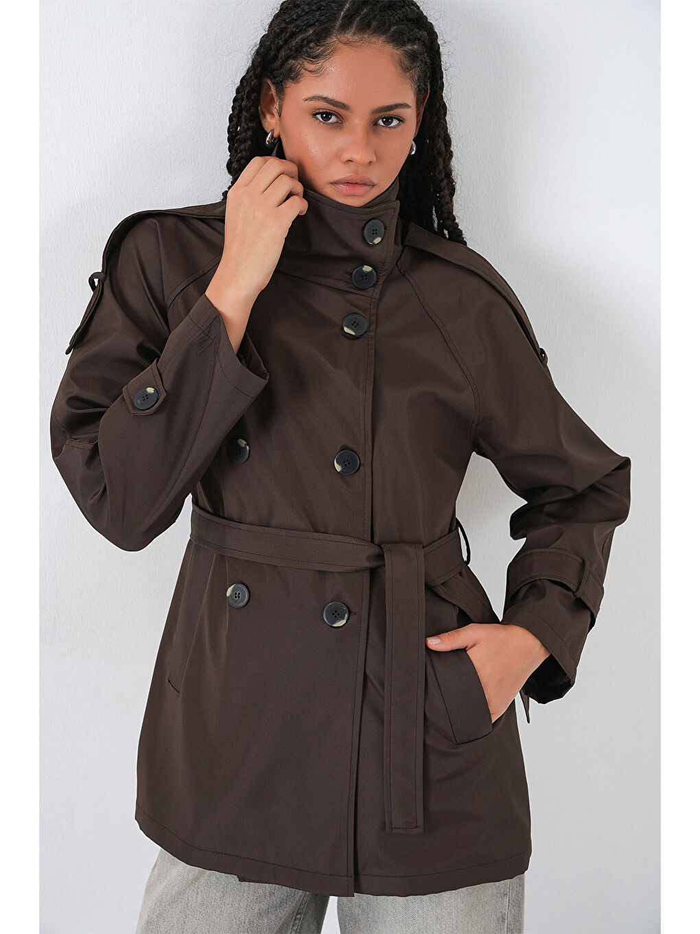 Kadın Kruvaze Yaka Kısa Trençkot 5980 - Kahverengi-3