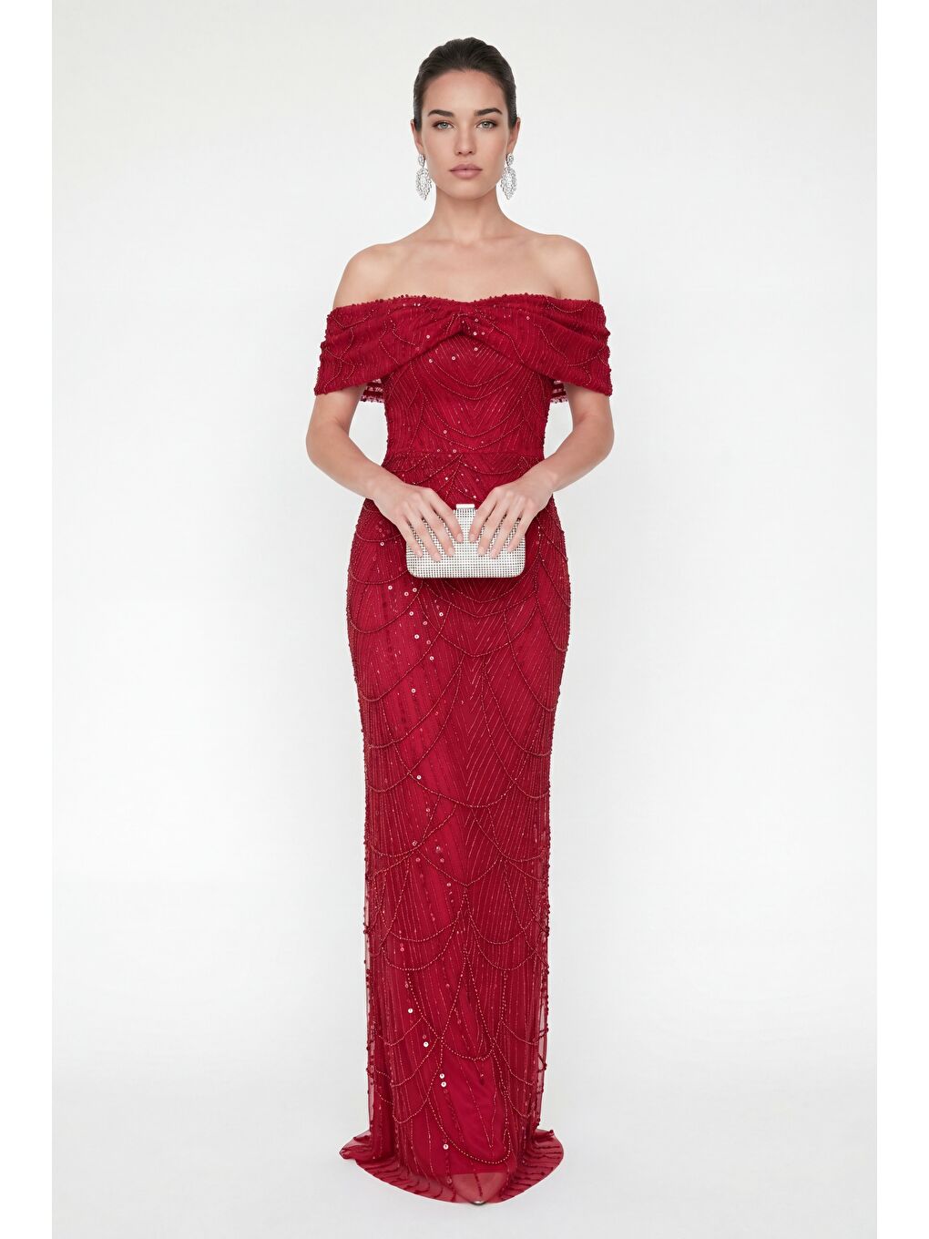 Kadın Kırmızı Kayık Yaka Boncuklu Uzun Balık Abiye Elbise-1