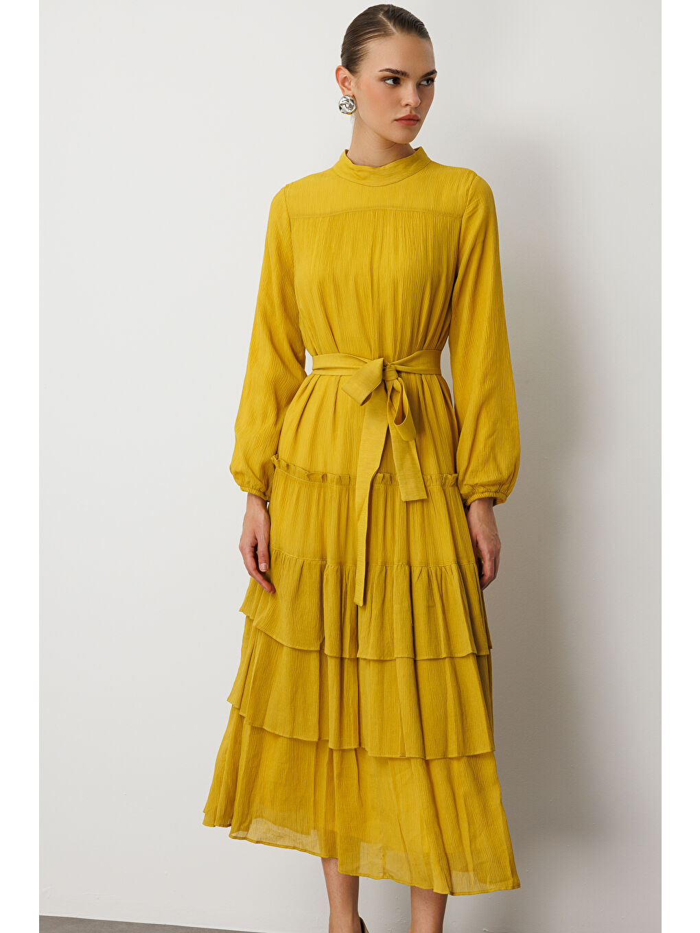 Hardal Kat Pileli Maksi Koyu Sarı Elbise-4