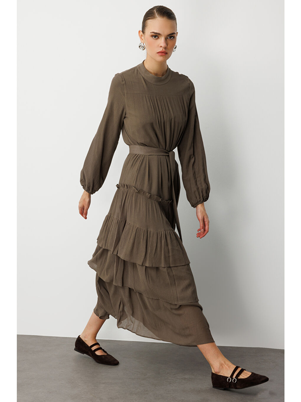 Kat Pileli Maksi Haki Elbise-1