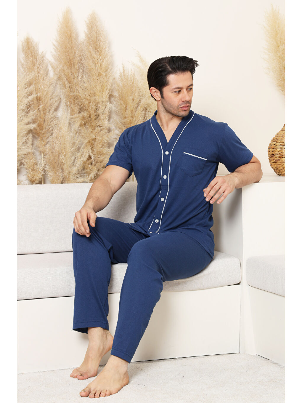 İndigo Erkek Boydan Düğmeli %100 Pamuklu Pijama Takımı 12385-1