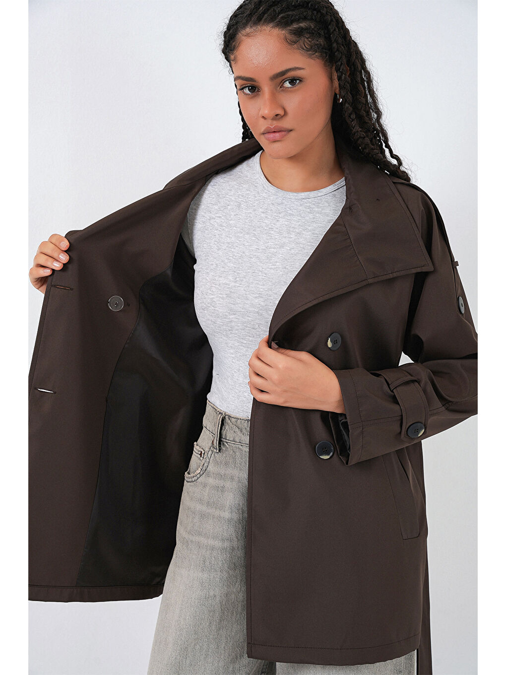 Kadın Kruvaze Yaka Kısa Trençkot 5980 - Kahverengi-4