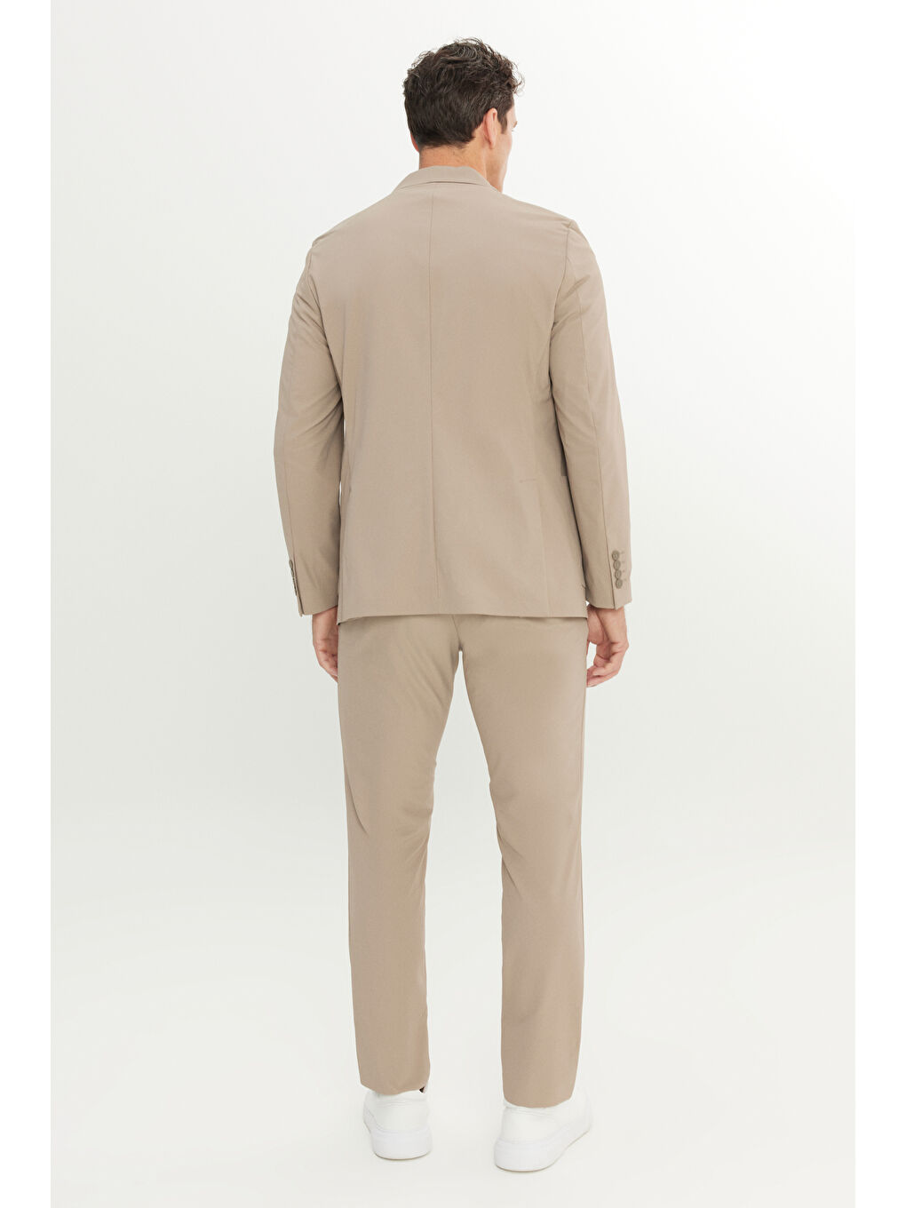 Erkek Bej Slim Fit Dar Kesim Mono Yaka Beli Bağlamalı Kapak Cepli Esnek Takım Elbise-6