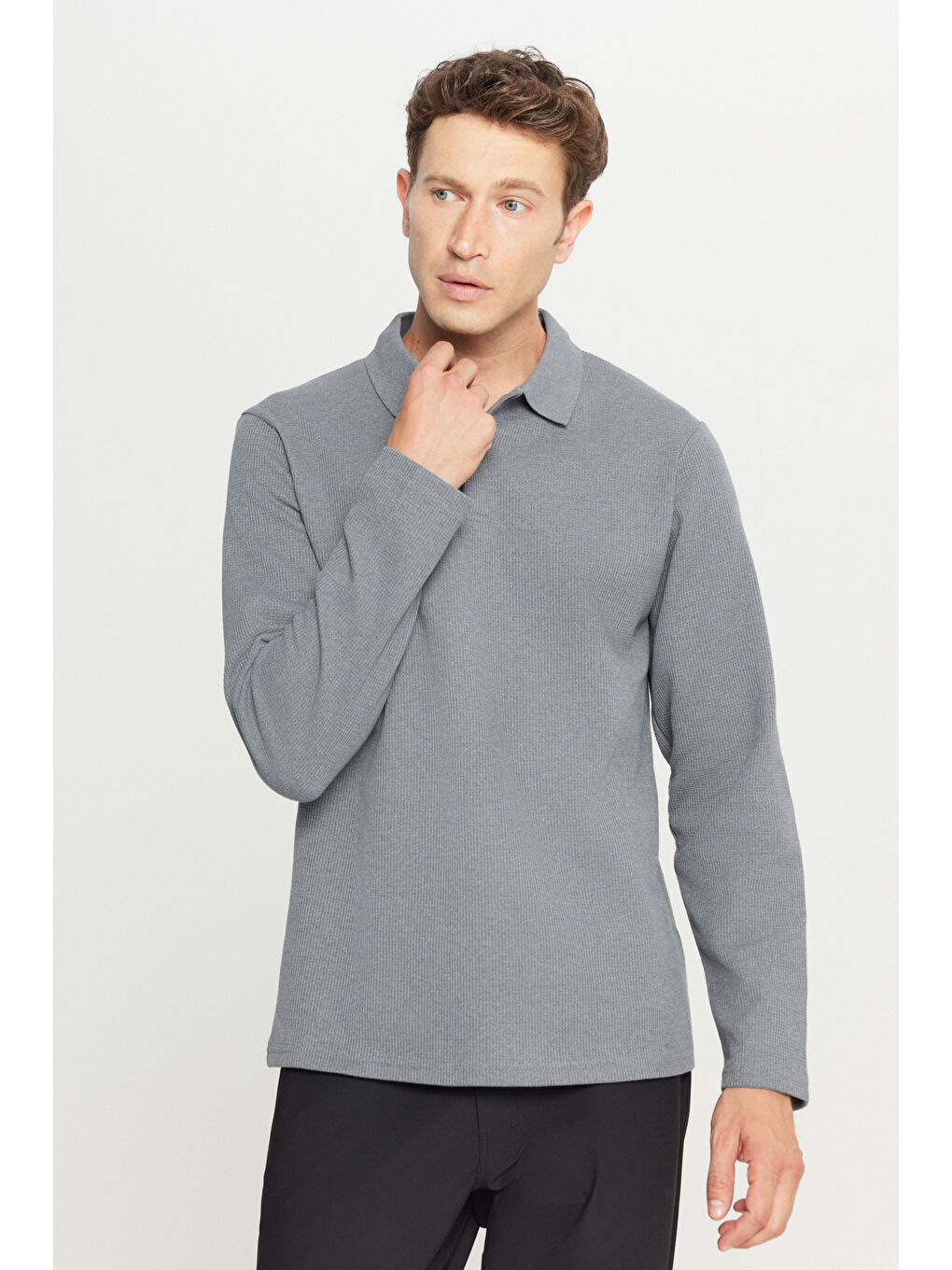 Erkek Gri Pamuklu Standart Fit Normal Kesim Polo Yaka Sweatshirt-2