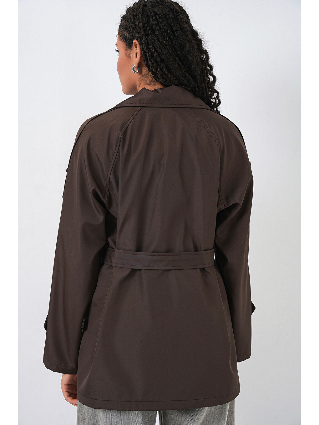Kadın Kruvaze Yaka Kısa Trençkot 5980 - Kahverengi-6