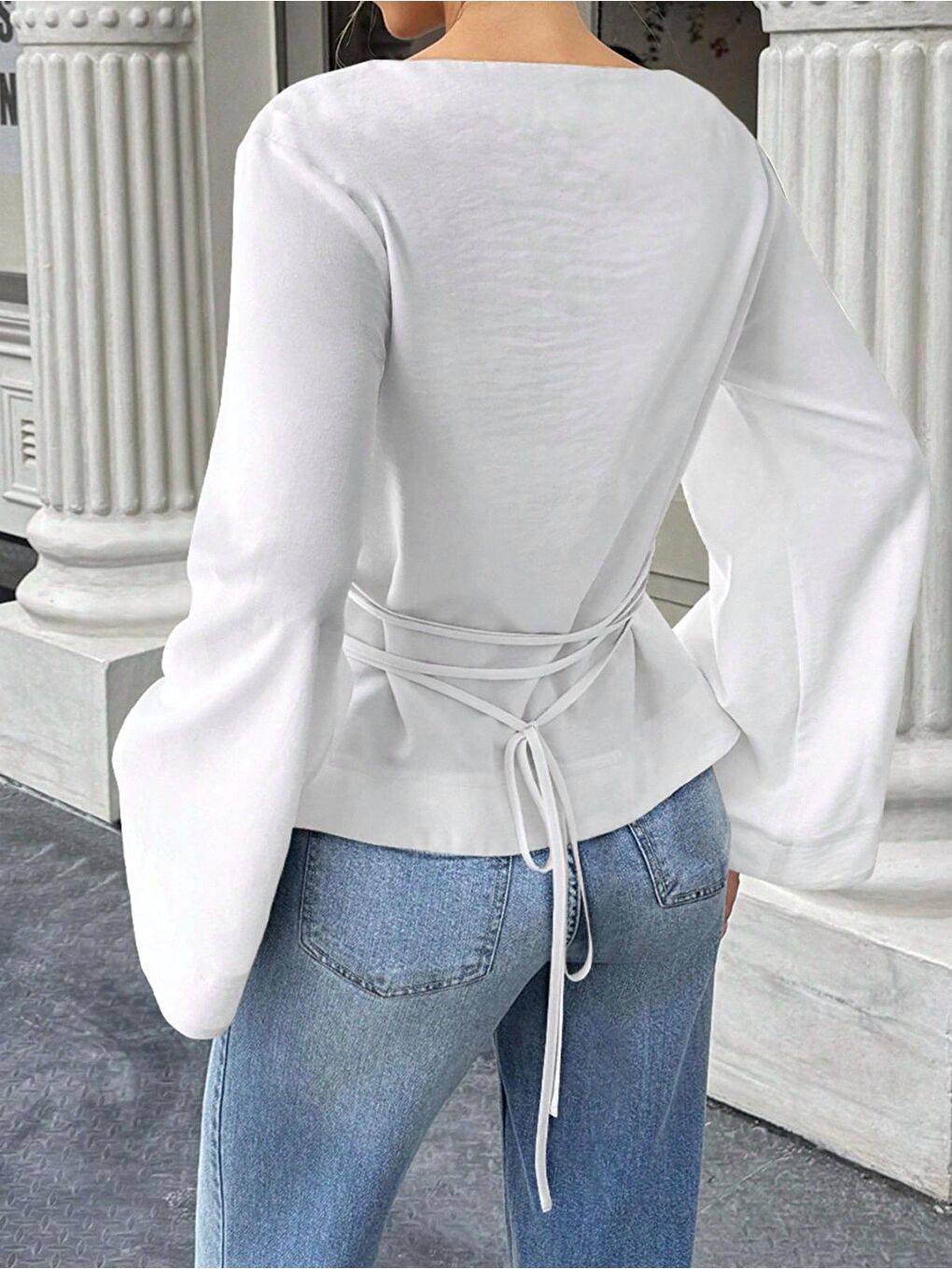 Beyaz Kadın Belden Bağlamalı İpli İspanyol Kol Bluz-1
