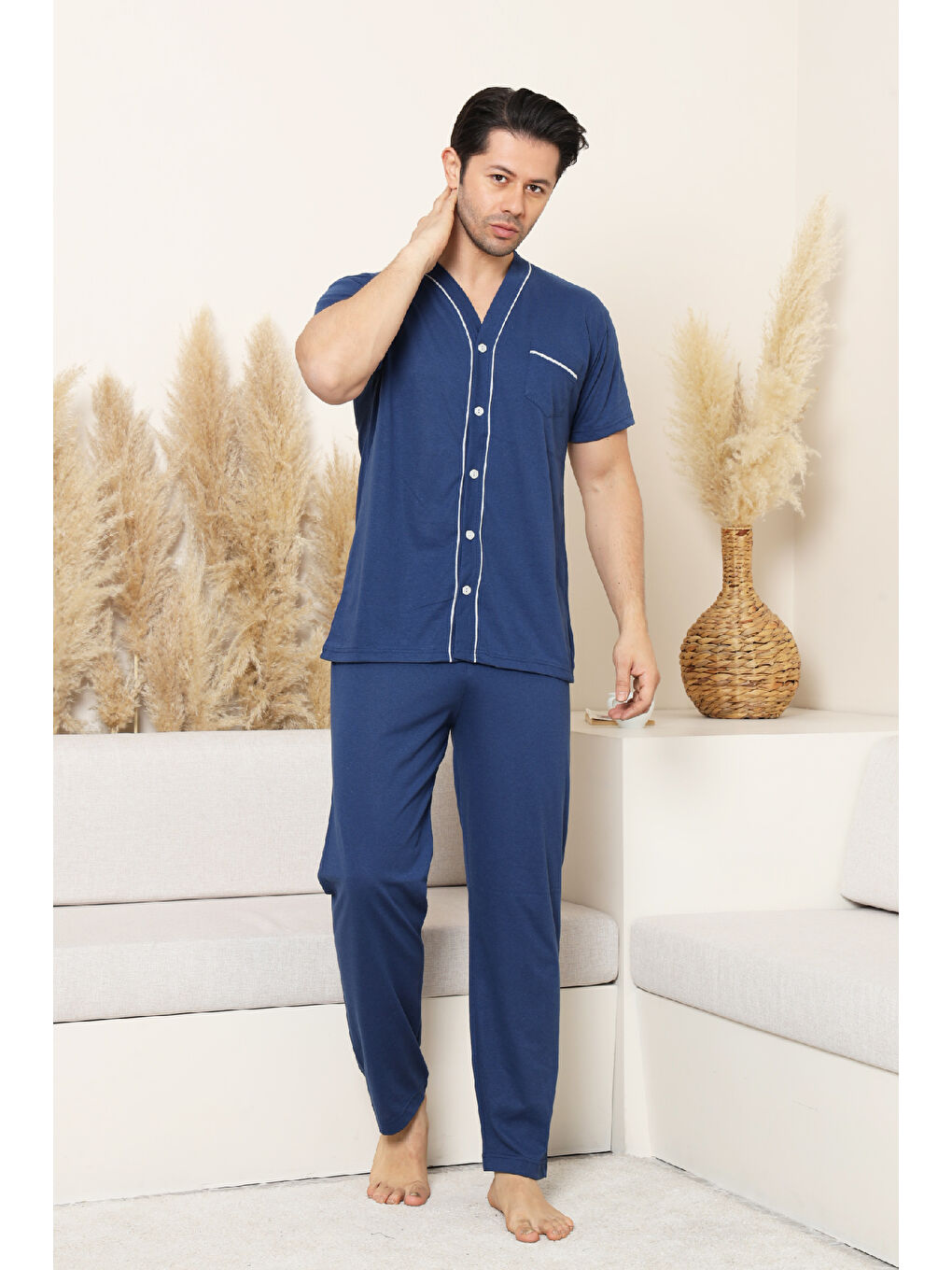 İndigo Erkek Boydan Düğmeli %100 Pamuklu Pijama Takımı 12385-2