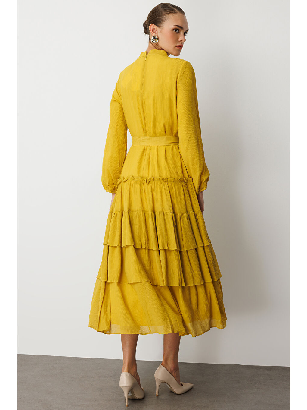 Hardal Kat Pileli Maksi Koyu Sarı Elbise-5