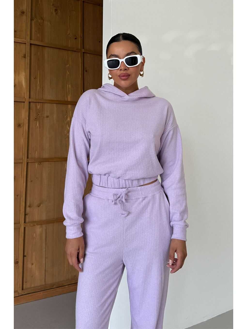 Mor Kadın Lila Kapüşonlu Crop Fitilli Alt-Üst Takım-1