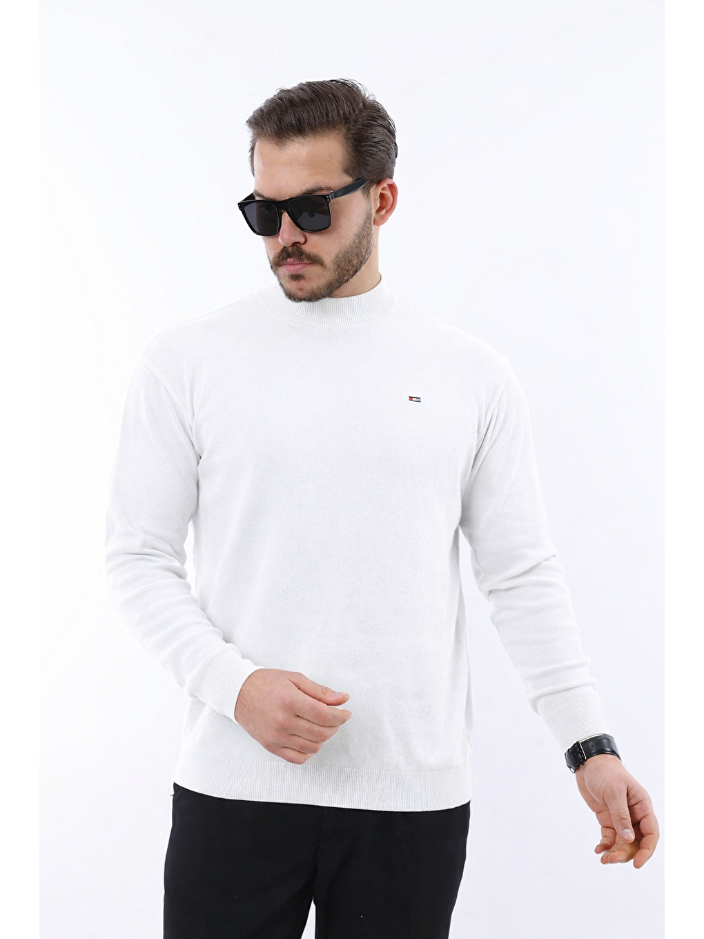 Erkek Yarım Balıkçı Yaka Günlük Beyaz Triko Kazak-1