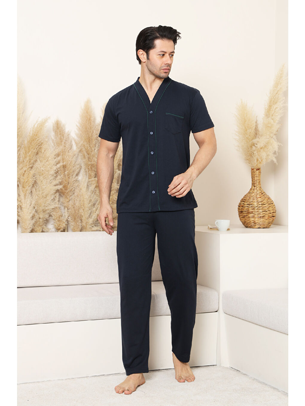 Lacivert Erkek Boydan Düğmeli %100 Pamuklu Pijama Takımı 12385