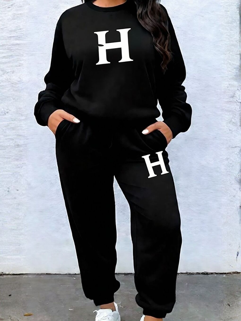 Kadın Siyah H Baskılı Oversize Eşofman Takımı