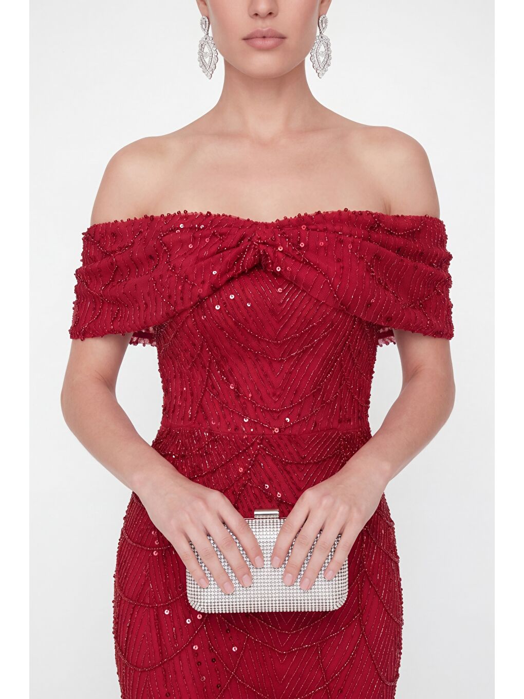 Kadın Kırmızı Kayık Yaka Boncuklu Uzun Balık Abiye Elbise-2