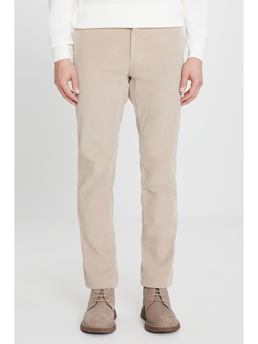 Erkek Bej Slim Fit Dar Kesim Kadife Beli Bağlamalı Yan Cep Esnek Pantolon