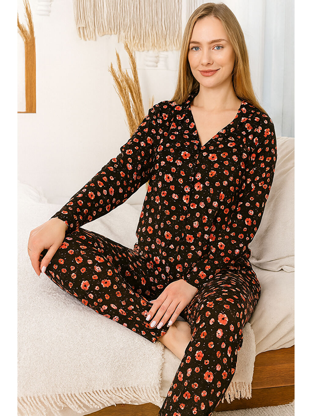 Kadın Çiçek Desen Saphire Düğmeli Pijama Takımı 0468 Siyah04
