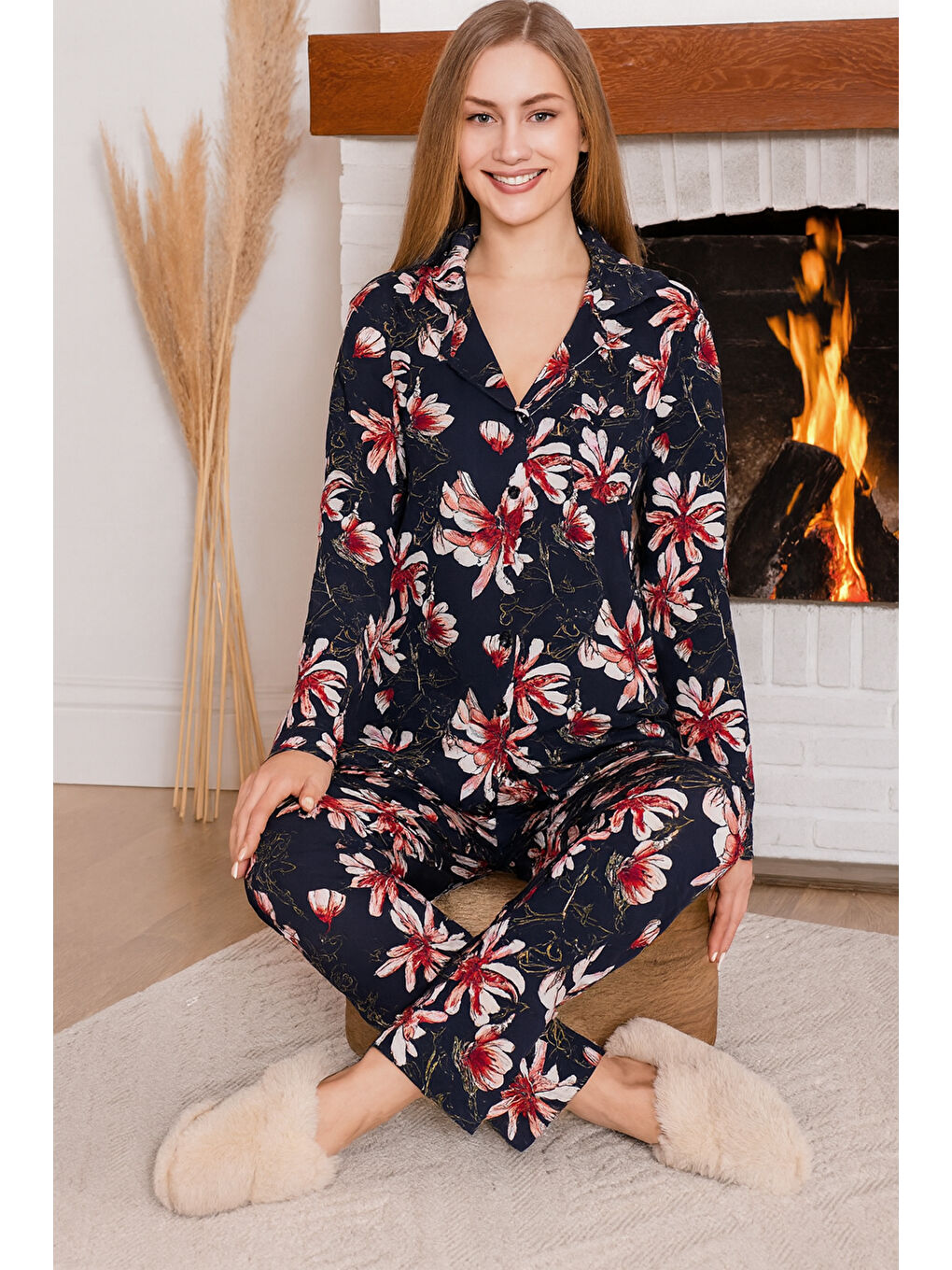 Büyük Beden Kadın Çiçek Desen Saphire Düğmeli Pijama Takımı 0503 Siyah06