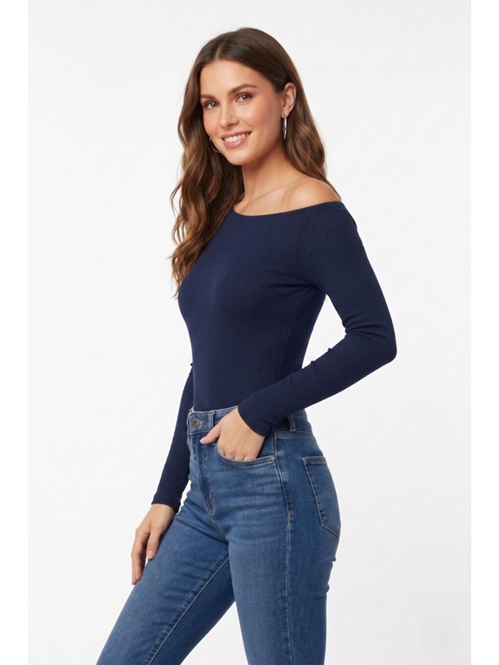 Lacivert Premium Soft Seri Vücuda Oturan Kayık Yaka Örme Bluz