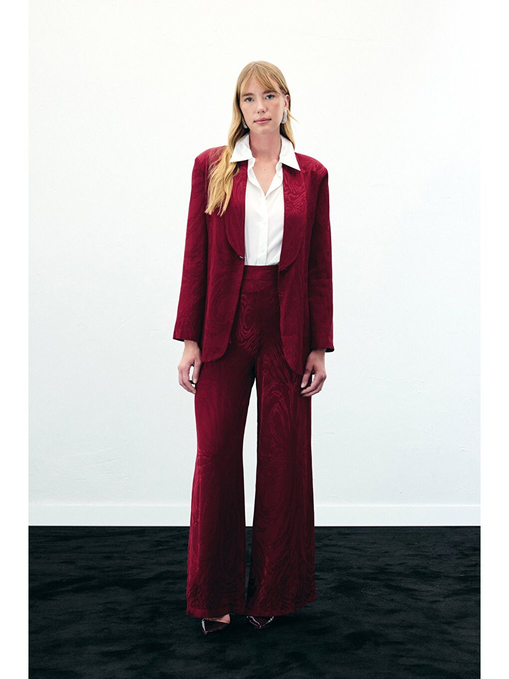 Yüksek Bel Desenli Pantolon - Bordo-1