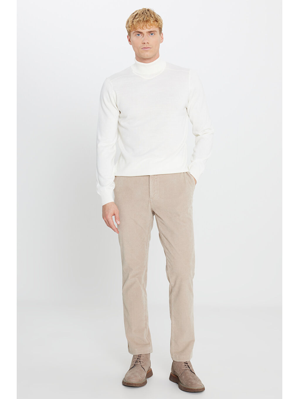 Erkek Bej Slim Fit Dar Kesim Kadife Beli Bağlamalı Yan Cep Esnek Pantolon-1