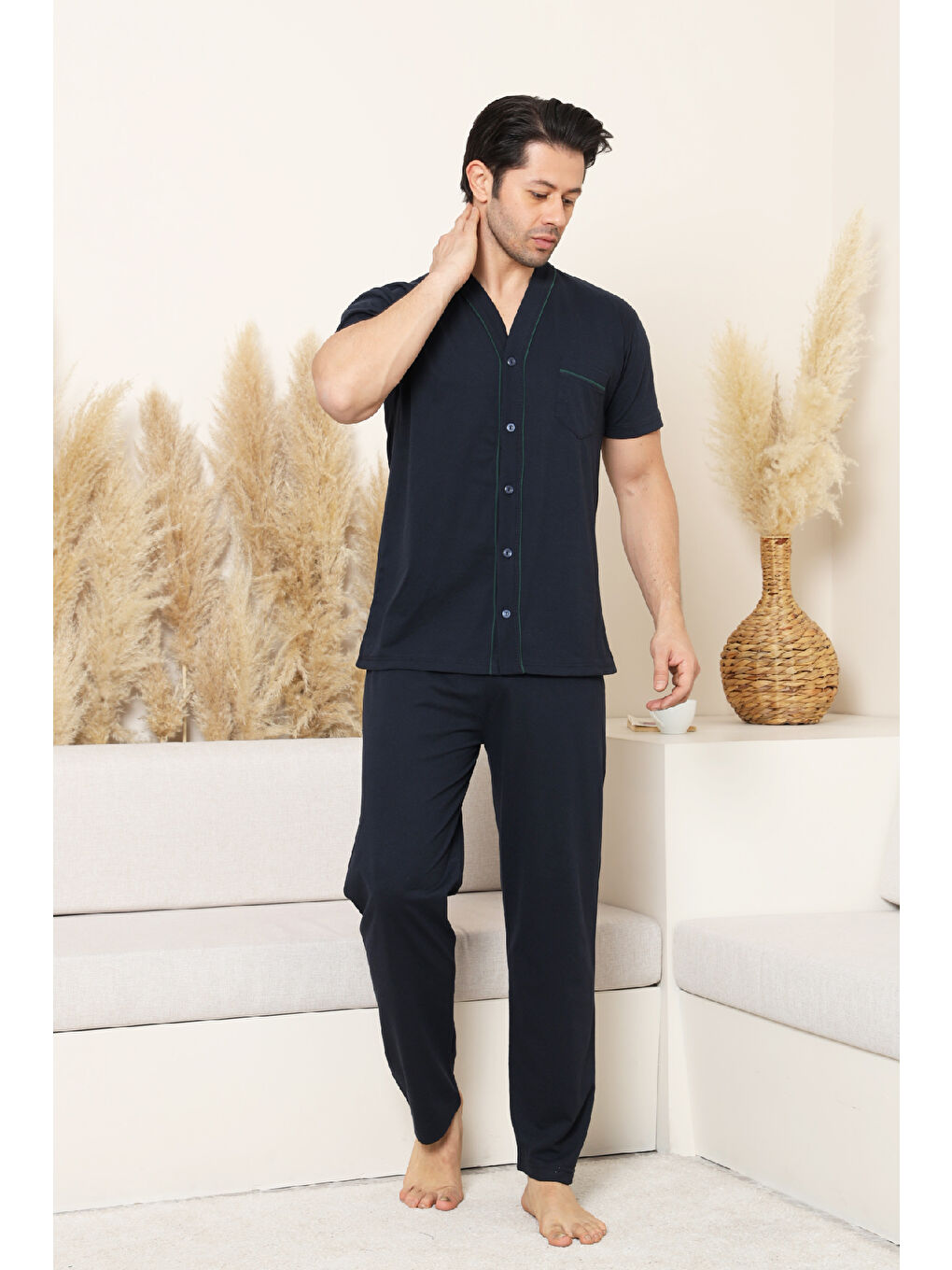 Lacivert Erkek Boydan Düğmeli %100 Pamuklu Pijama Takımı 12385-1