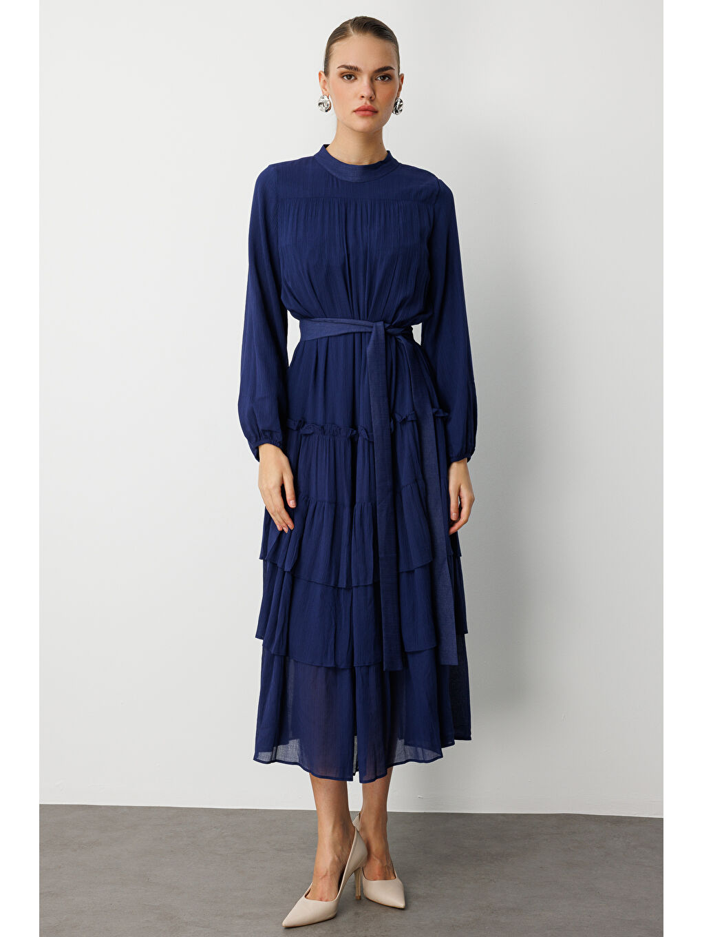 Kat Pileli Maksi Lacivert Elbise