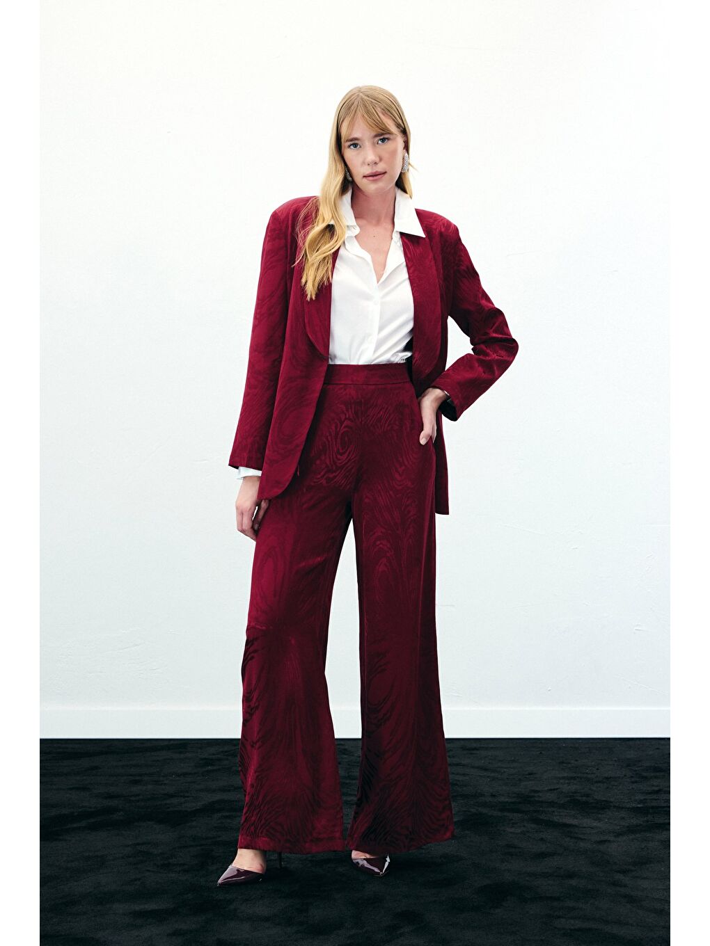 Yüksek Bel Desenli Pantolon - Bordo-2