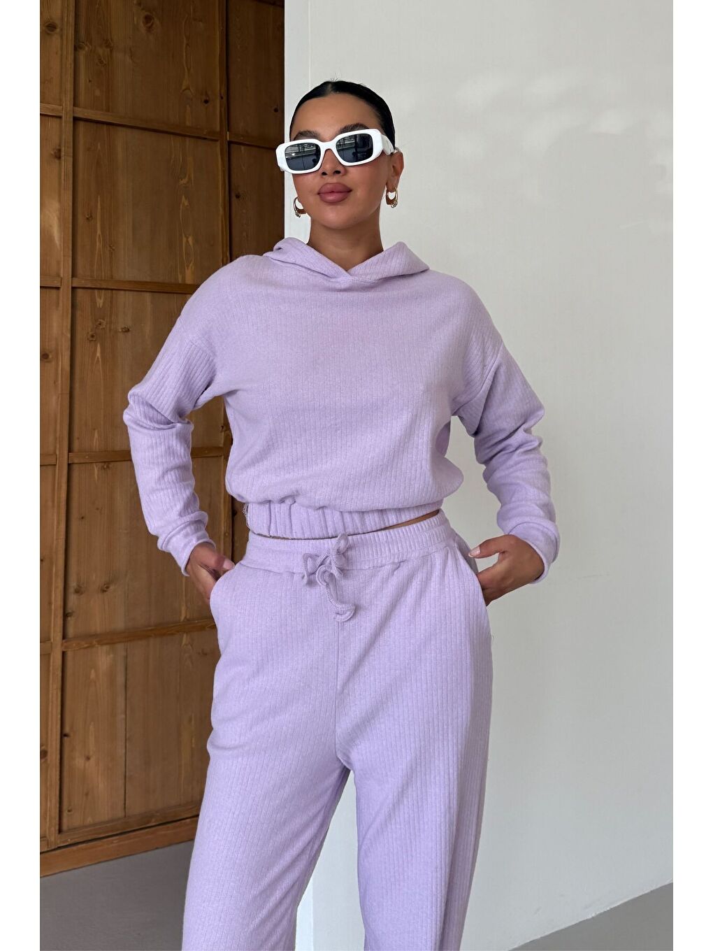 Mor Kadın Lila Kapüşonlu Crop Fitilli Alt-Üst Takım-2