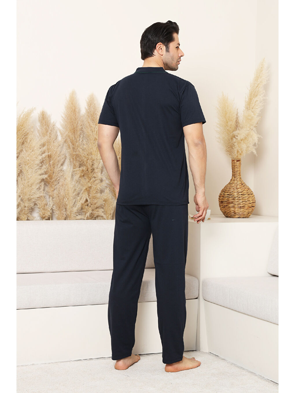 Lacivert Erkek Boydan Düğmeli %100 Pamuklu Pijama Takımı 12385-2