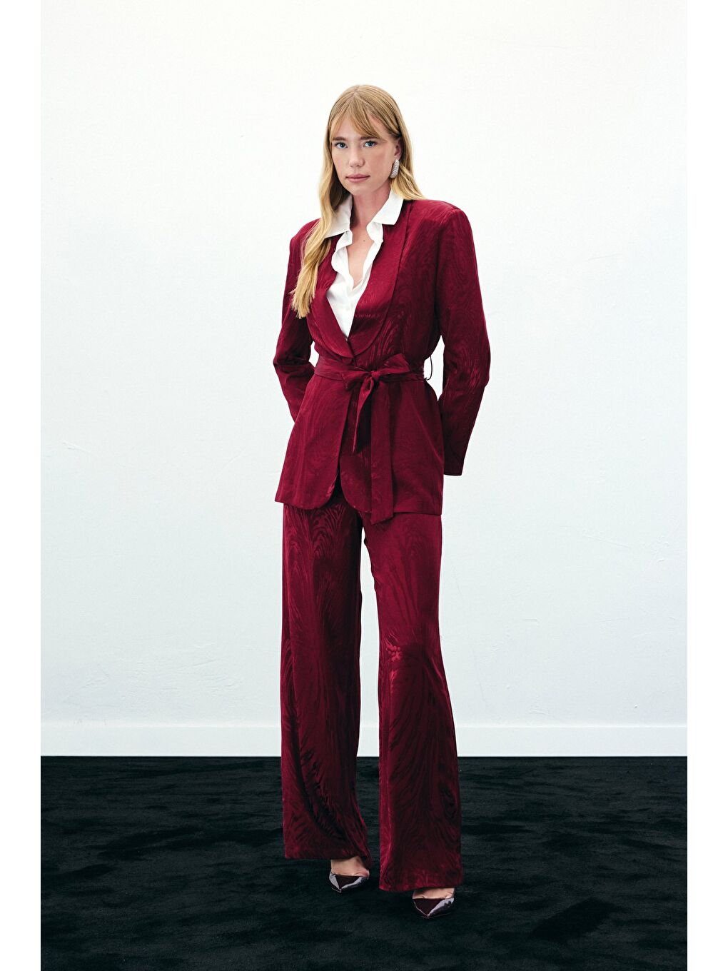 Yüksek Bel Desenli Pantolon - Bordo-3