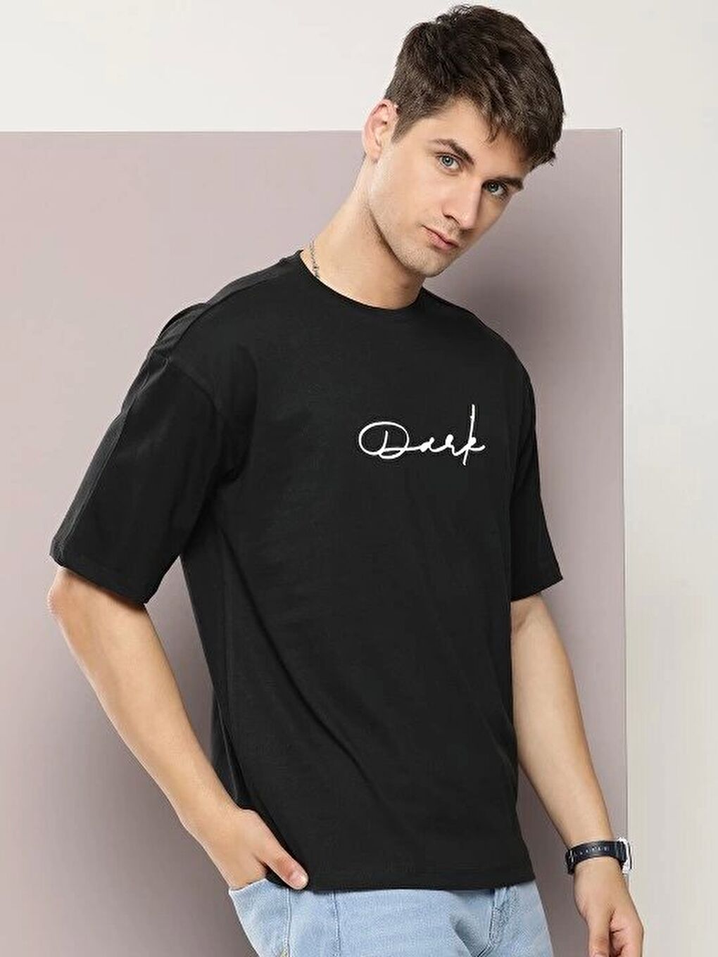 Erkek Baskılı Oversize T-shirt - Siyah-1