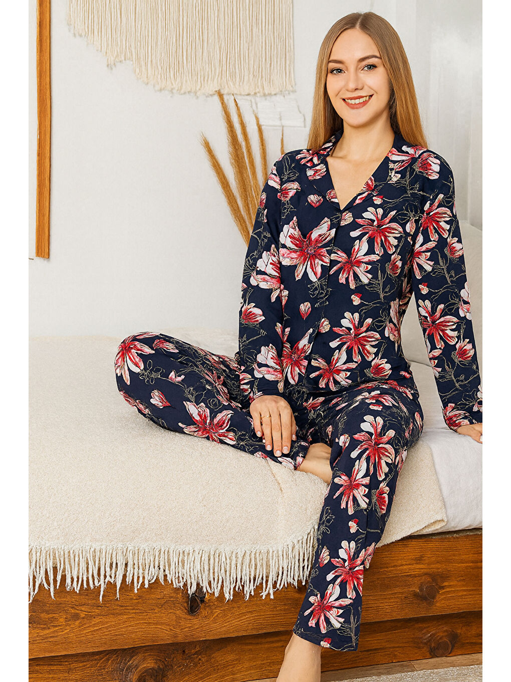 Büyük Beden Kadın Çiçek Desen Saphire Düğmeli Pijama Takımı 0503 Siyah06-3