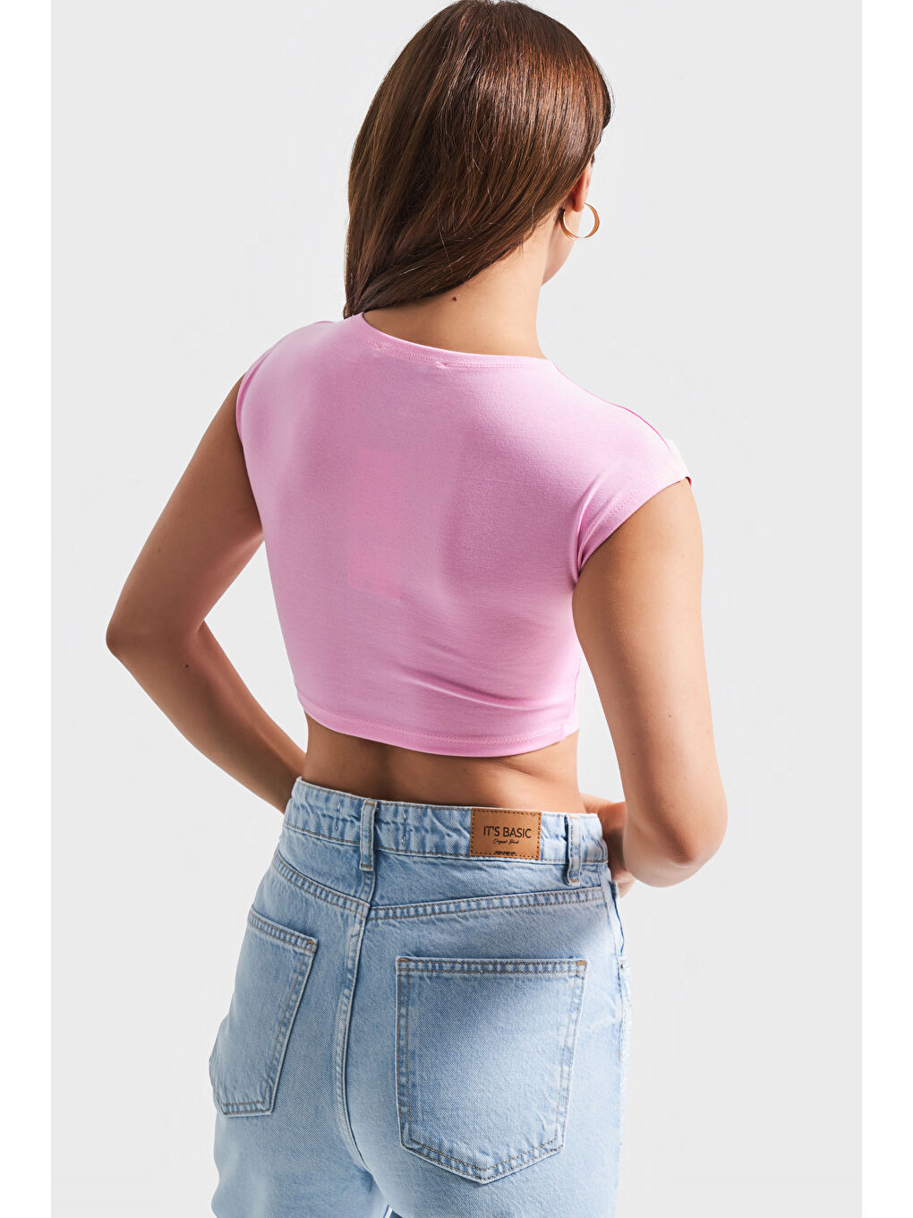 Kadın Pembe Renk Esnek Kumaş Bisiklet Yaka Crop Body-1