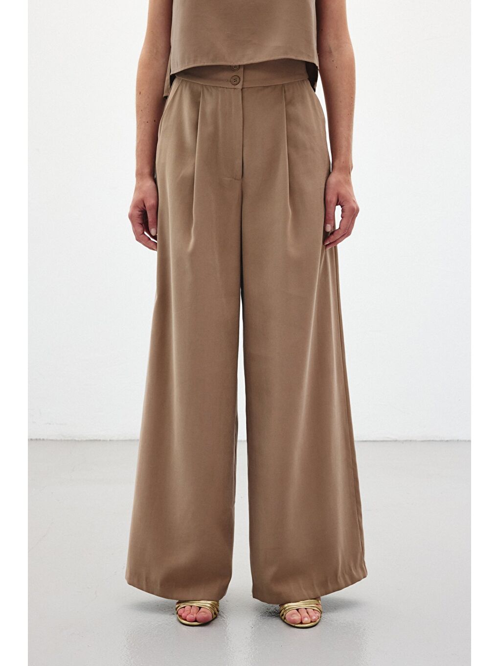 Bej Geniş Paça Pantolon - Vizon-4