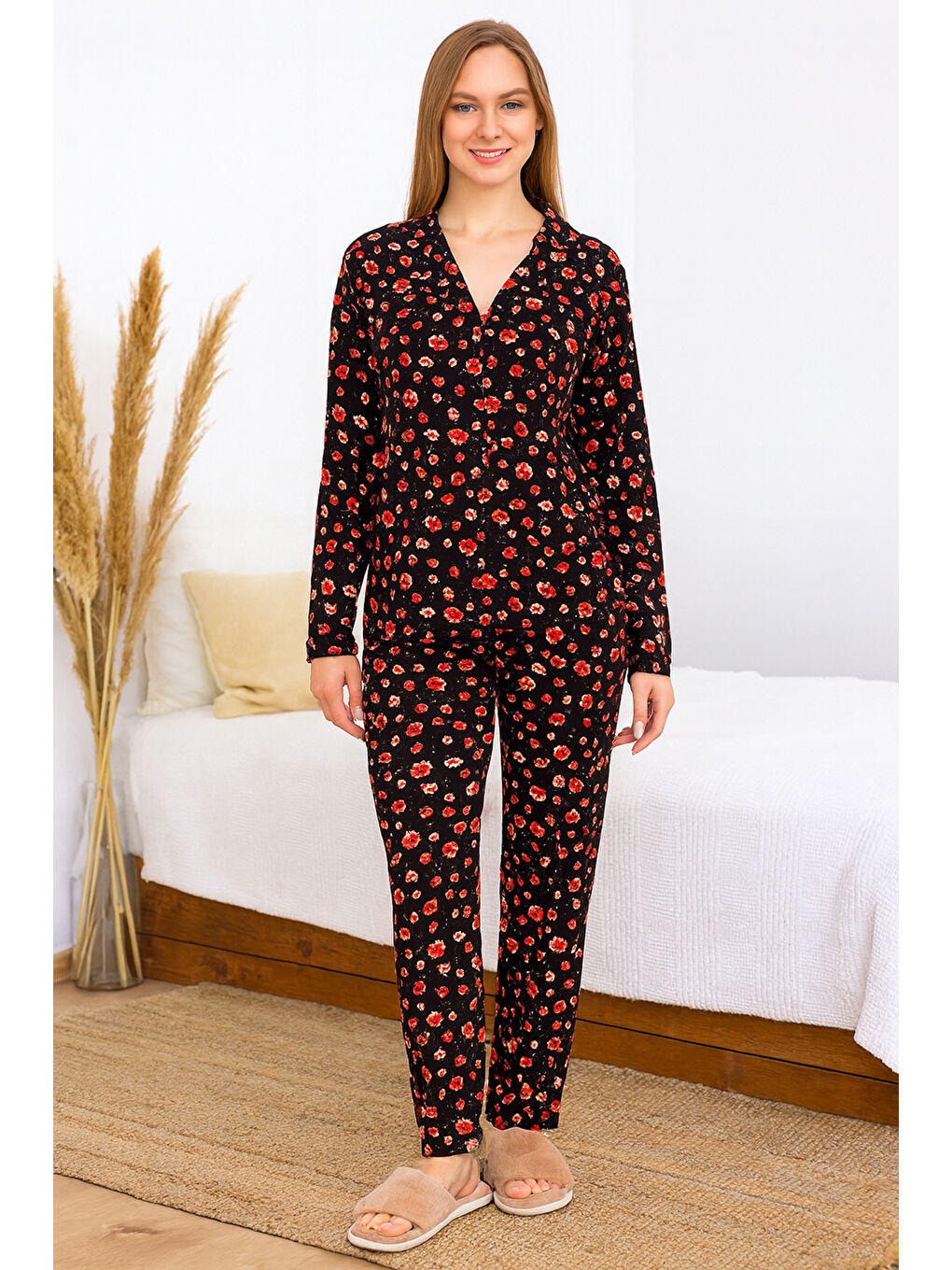 Kadın Çiçek Desen Saphire Düğmeli Pijama Takımı 0468 Siyah04-3