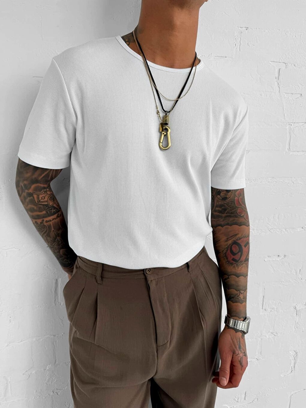 Erkek Slim Fit Fitilli Basic Esnek Tişört Beyaz