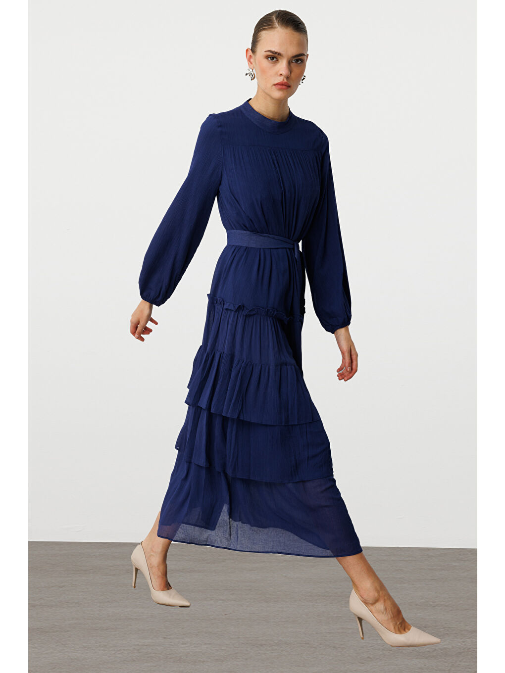 Kat Pileli Maksi Lacivert Elbise-1