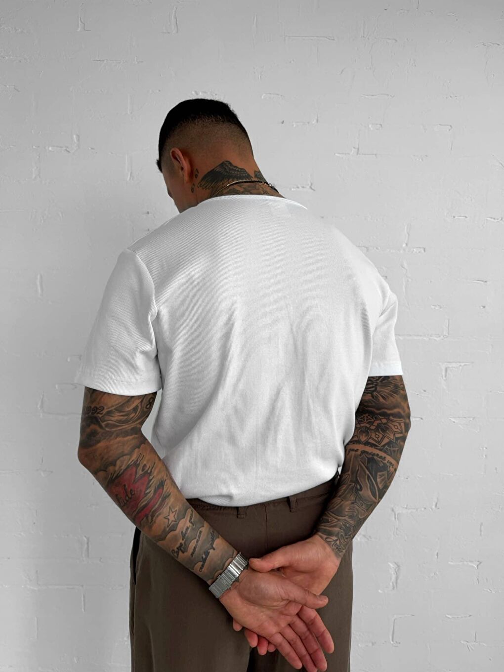 Erkek Slim Fit Fitilli Basic Esnek Tişört Beyaz-1