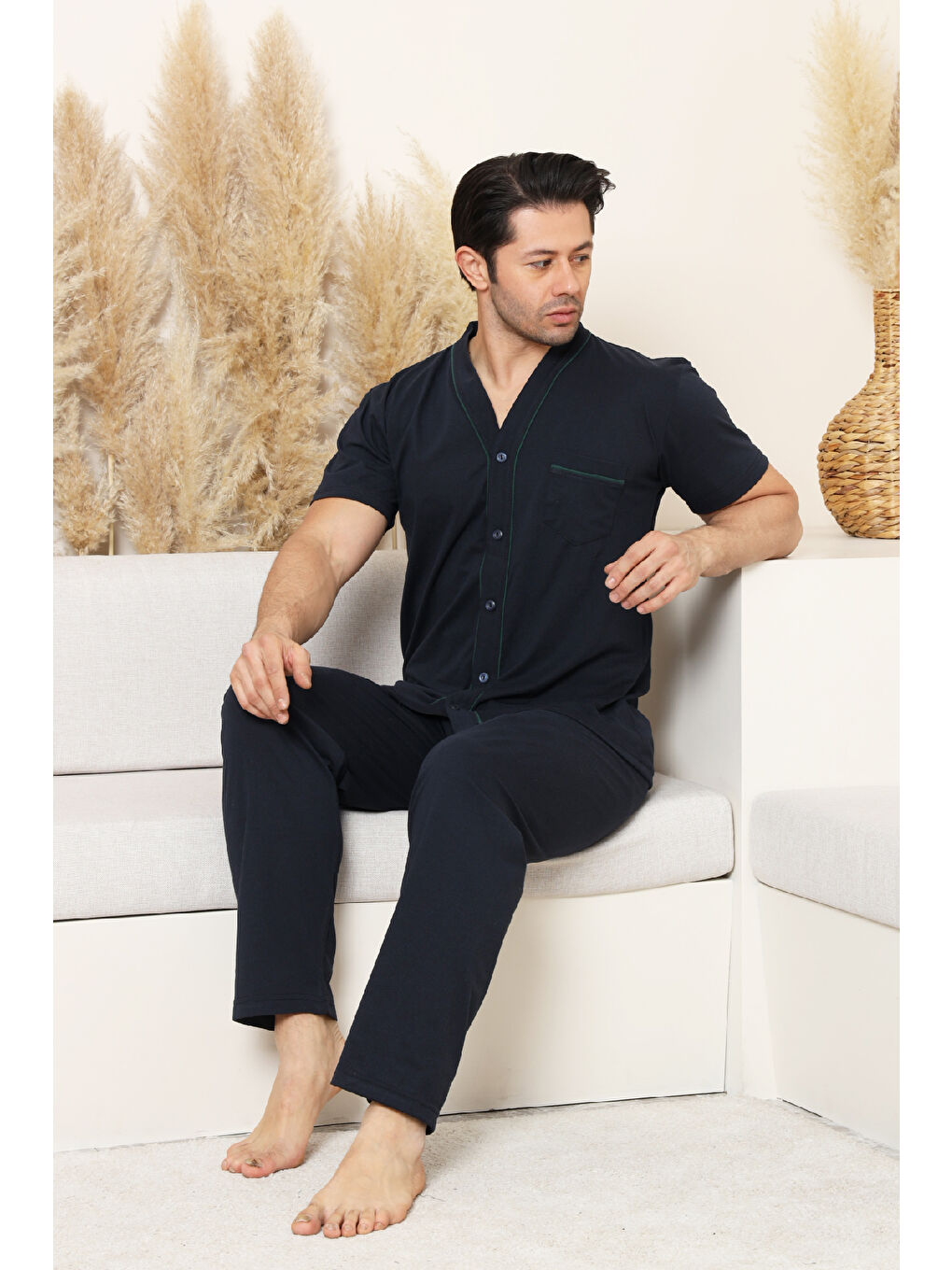 Lacivert Erkek Boydan Düğmeli %100 Pamuklu Pijama Takımı 12385-3