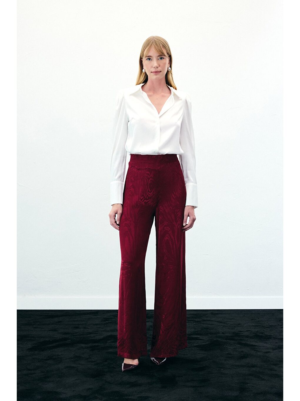 Yüksek Bel Desenli Pantolon - Bordo-4