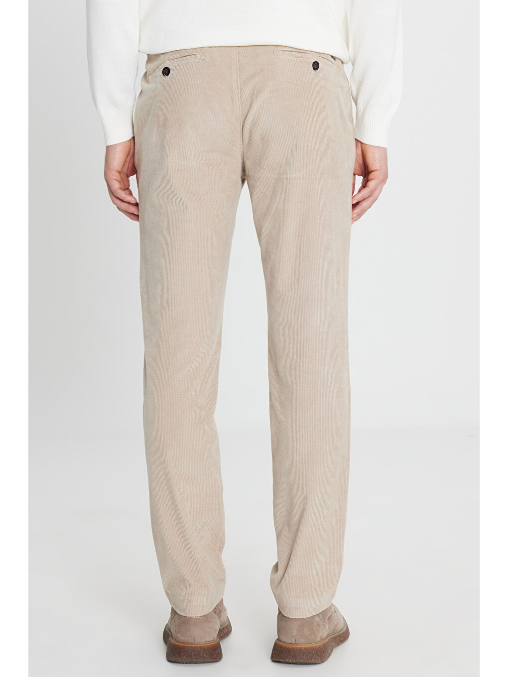 Erkek Bej Slim Fit Dar Kesim Kadife Beli Bağlamalı Yan Cep Esnek Pantolon-4