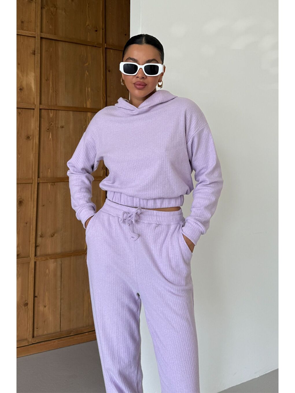 Mor Kadın Lila Kapüşonlu Crop Fitilli Alt-Üst Takım-3